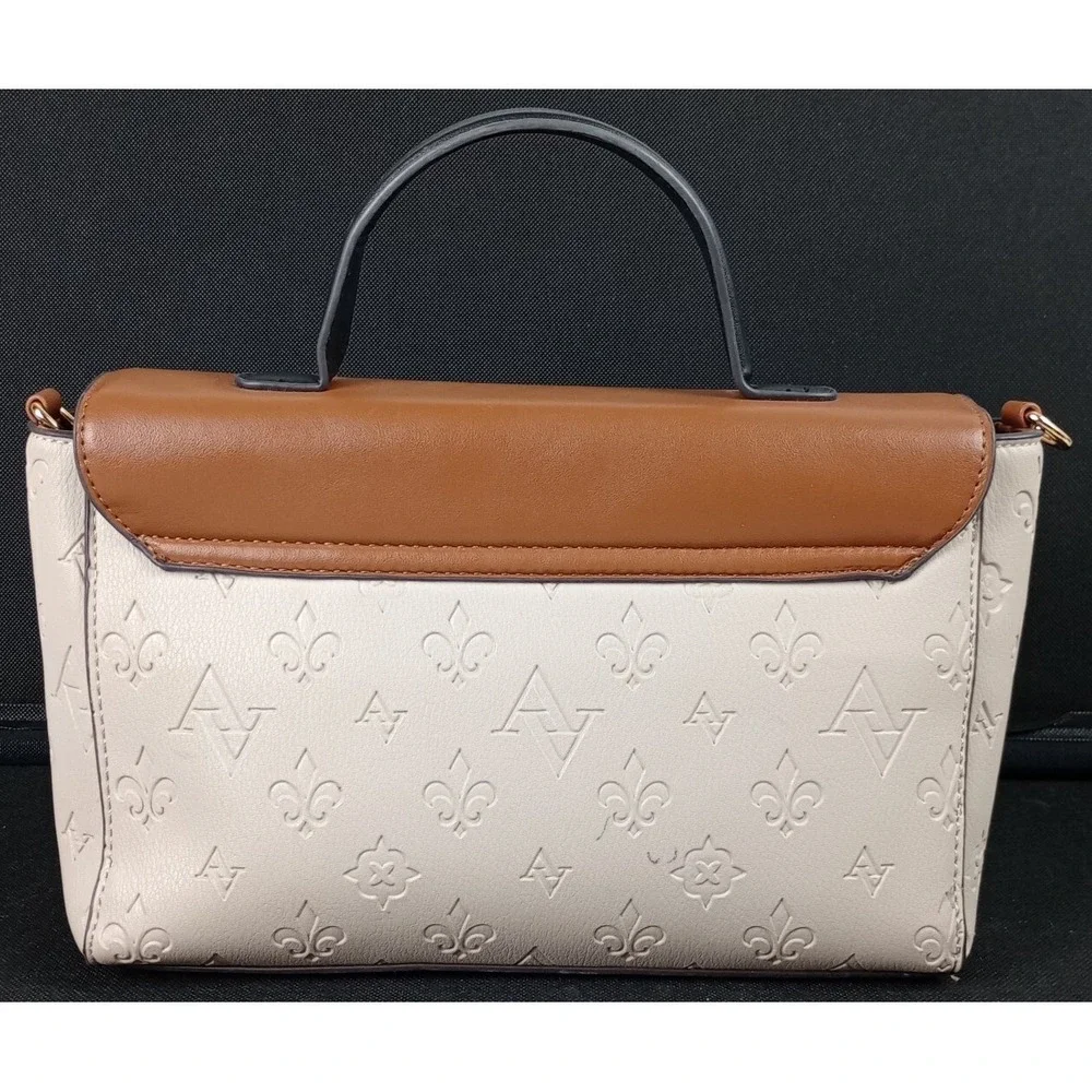 Adrienne Vittadini Cream Brown Black Gold Handbag Embossed Fleur De Lis Logo